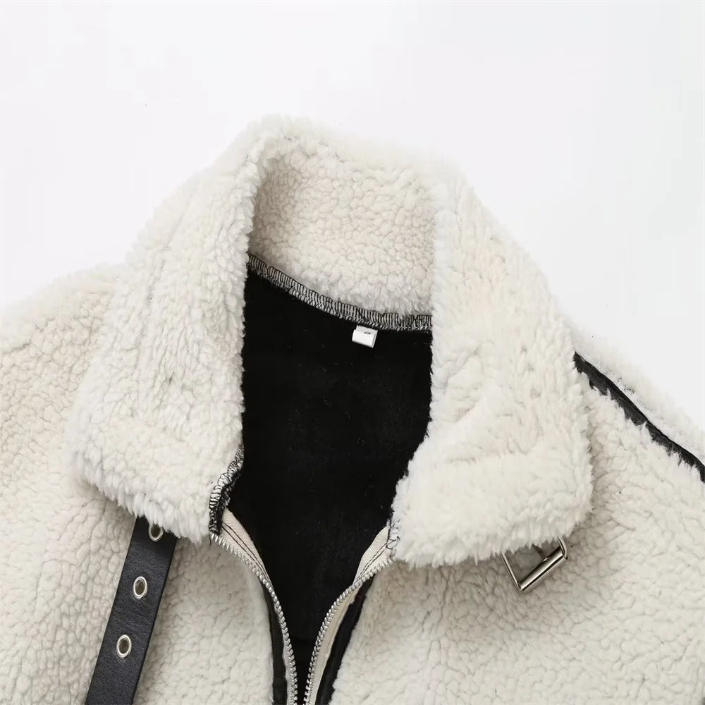 Syrvace Casual Fur One Piece Lamb Wool Contrast Color Plush Warm Jacket C