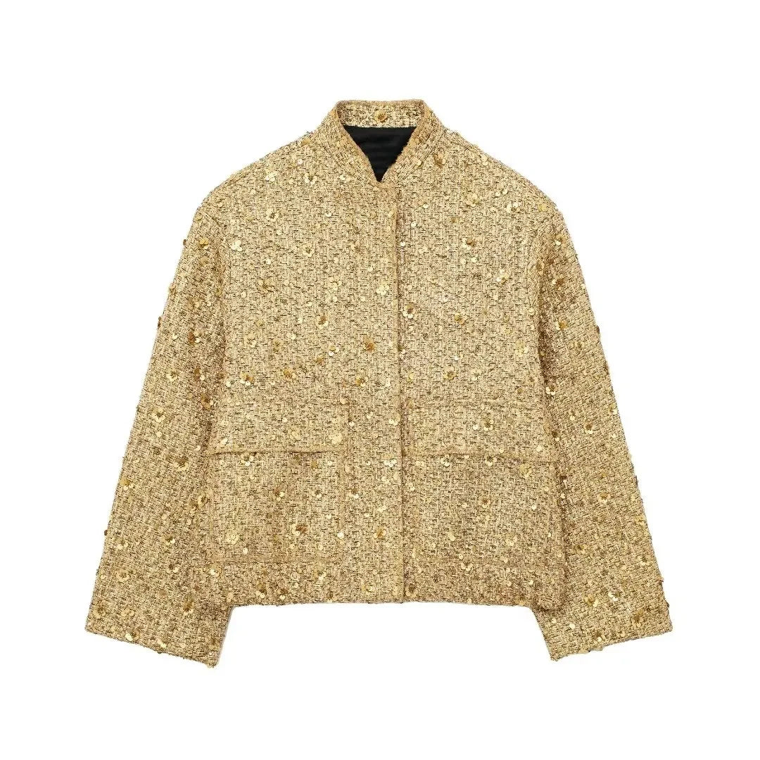 Syrvace Fashion Shiny Sequin Jacket Y2k Gold Color Stand Collar